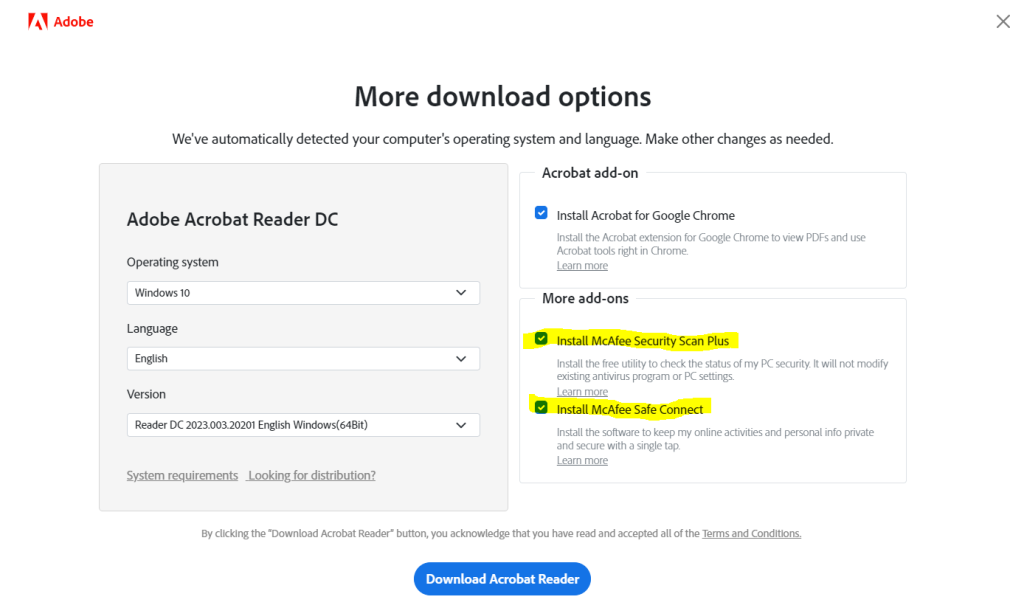 Adobe Acrobat Reader download options - McAfee - malware