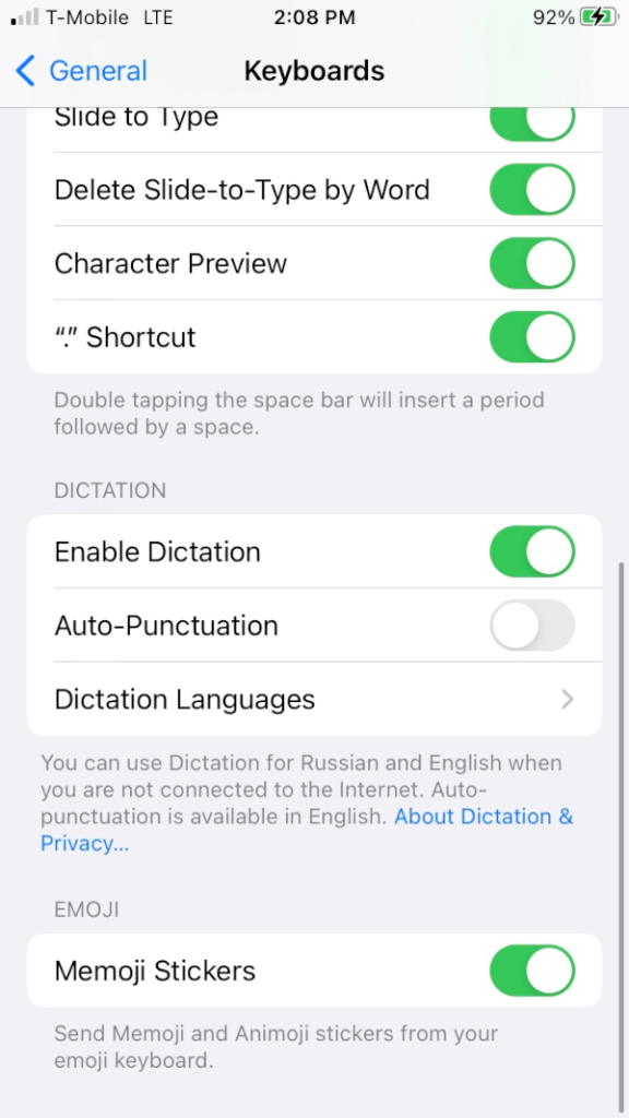 iPhone Keyboards settings - Auto-Punctuation